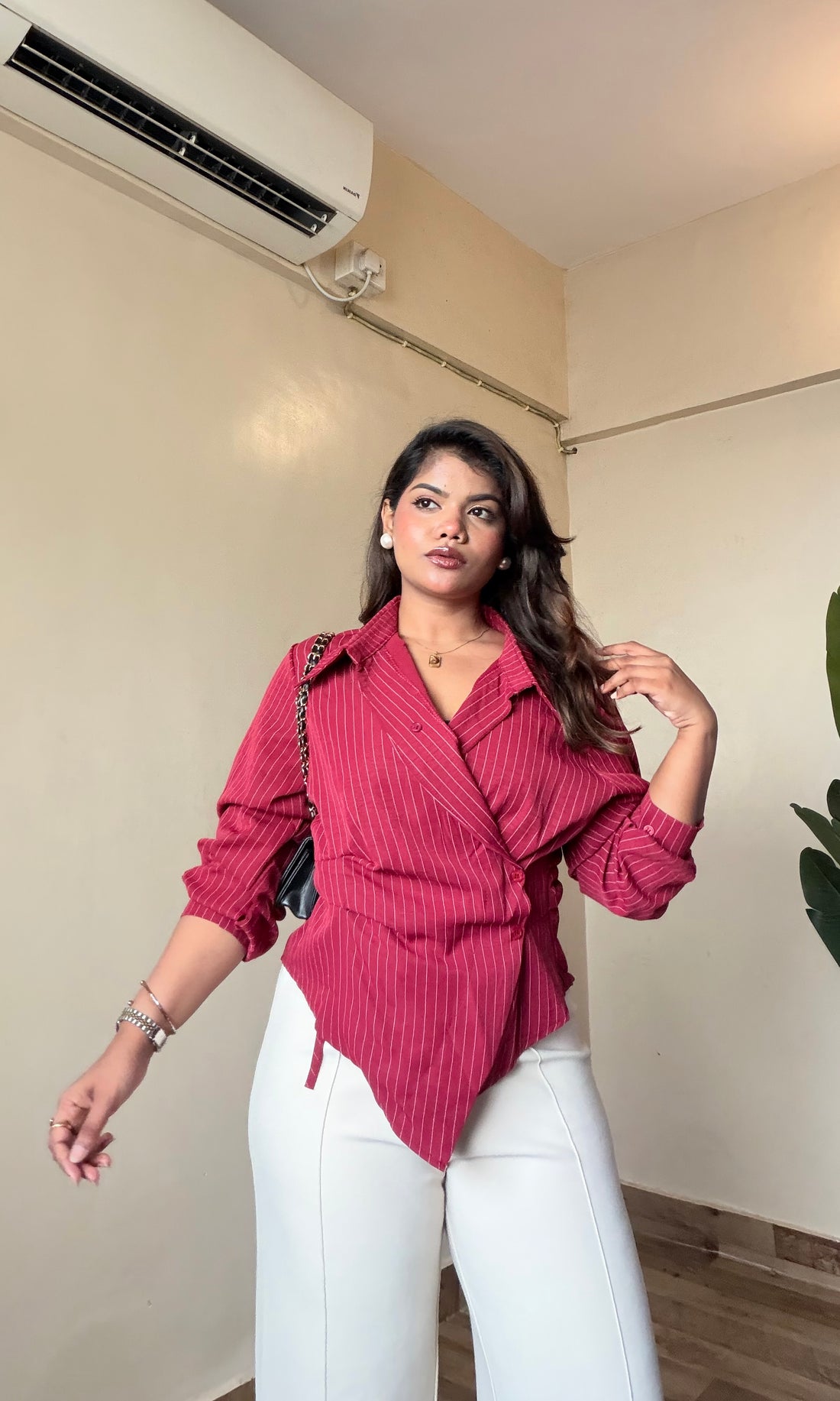 Women's Wrap Belted Pinstripe Shirt