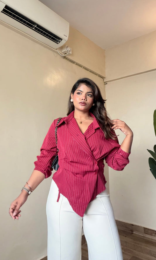 Women's Wrap Belted Pinstripe Shirt