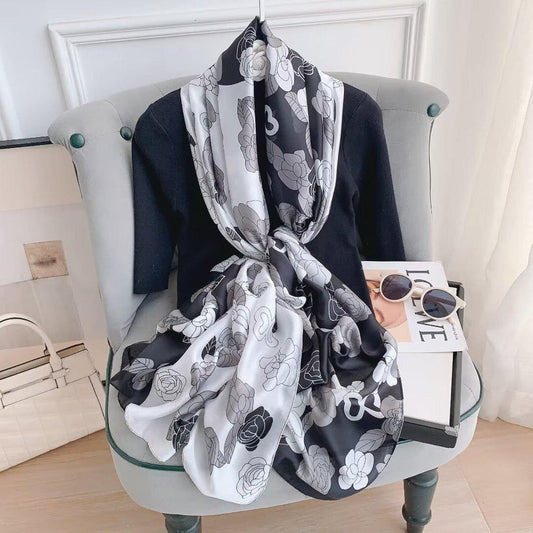 Black & White Roses Printed Silk Scarf