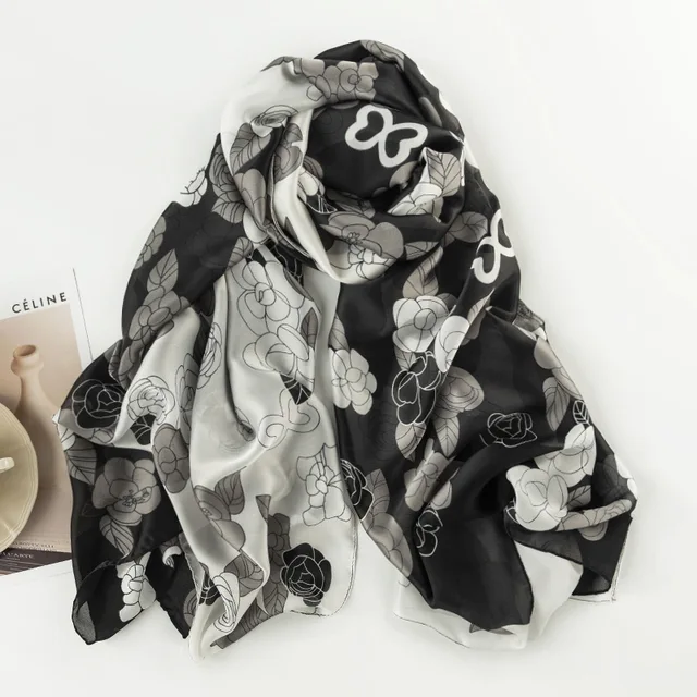 Black & White Roses Printed Silk Scarf