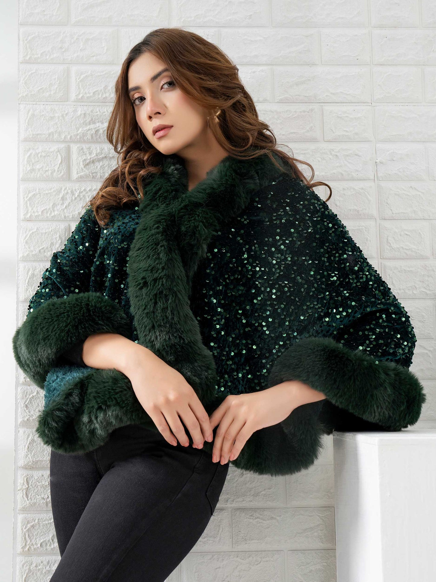 Sequin Cape Shawl - Green