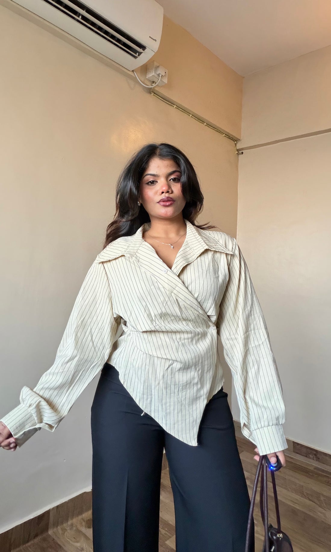 Women's Wrap Belted Pinstripe Shirt