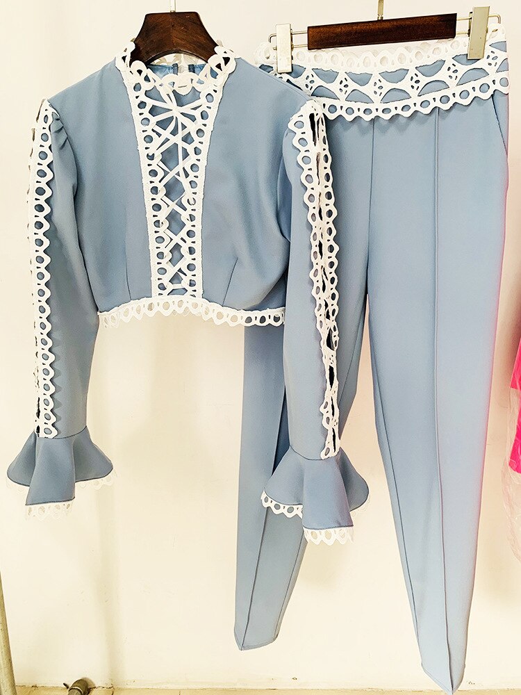 Hollow Out Lace Blue Flare Sleeve Short Crop Top + Pencil Pants Co ord