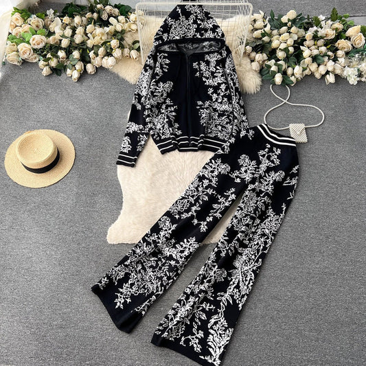 Fairy Two Piece Knitted Hooded Sweater Wide Bottom Pants Co-ords Sets