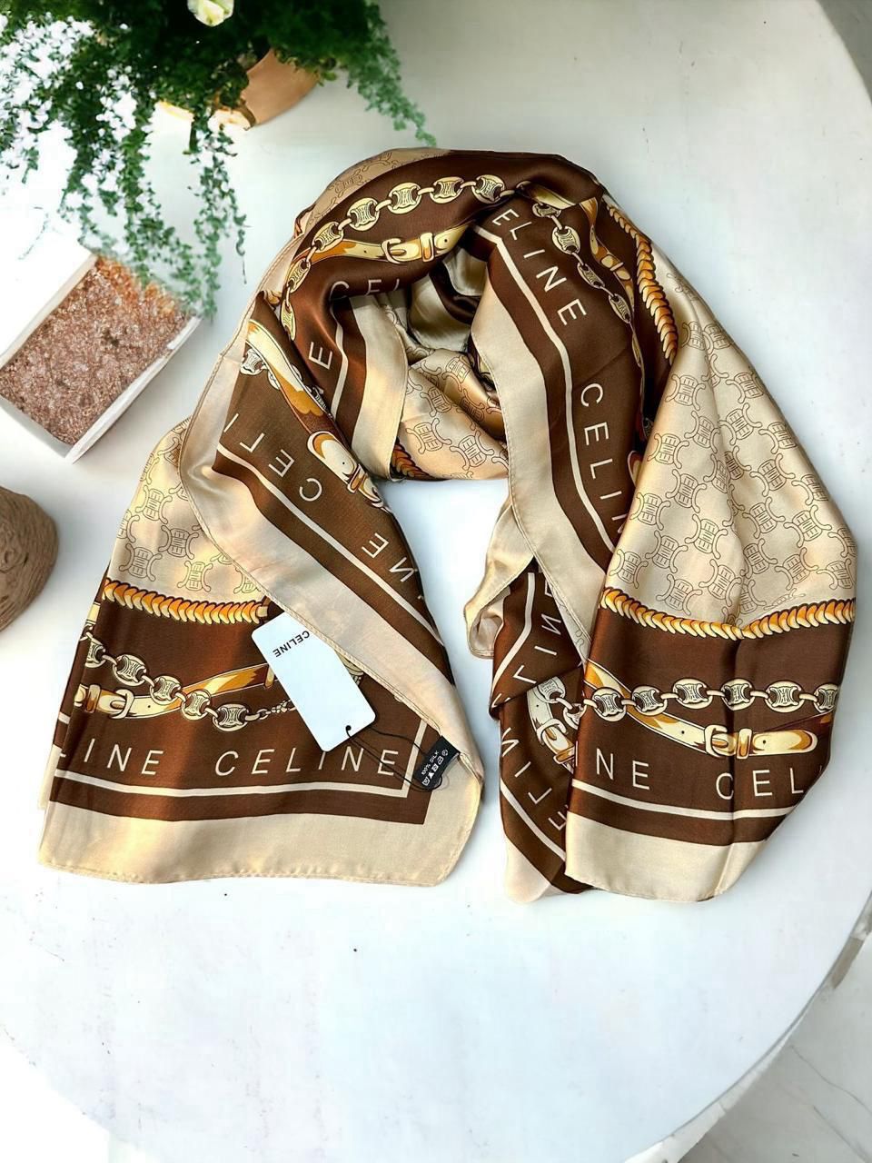 Luxury Brand Celine Gold Print Silk Scarf