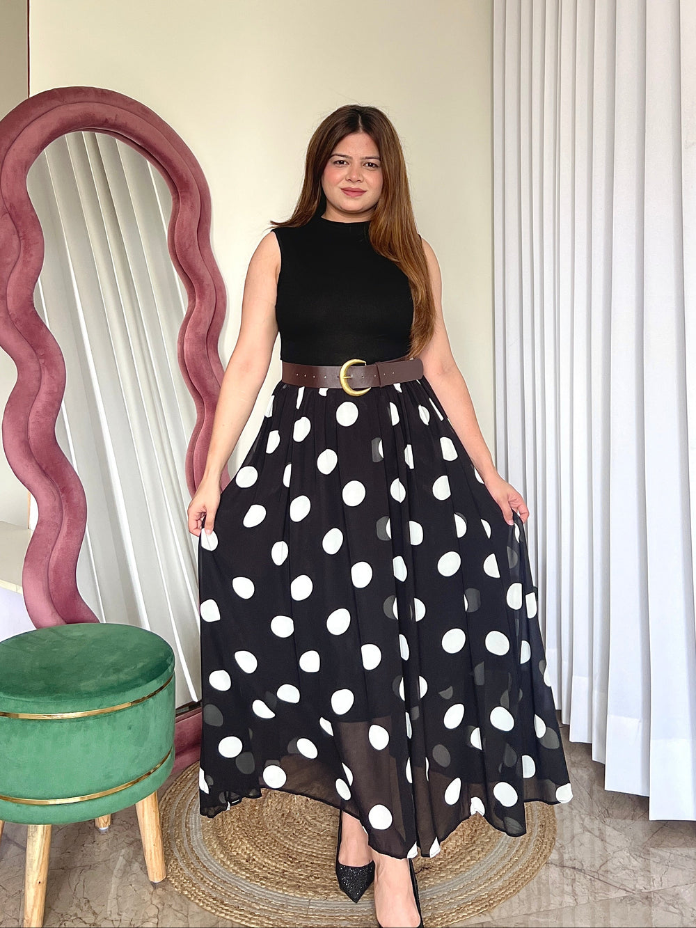 Polka Dot Belted Maxi Dress