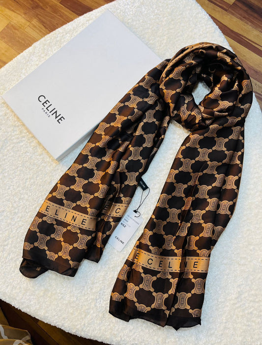 Luxury Brand  Brown Print Silk Scarf