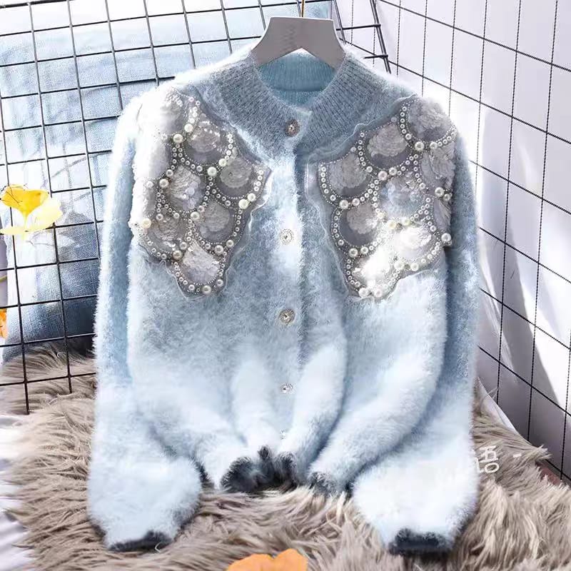 Mohair Wool Knitted Heavy Beaded Sweater