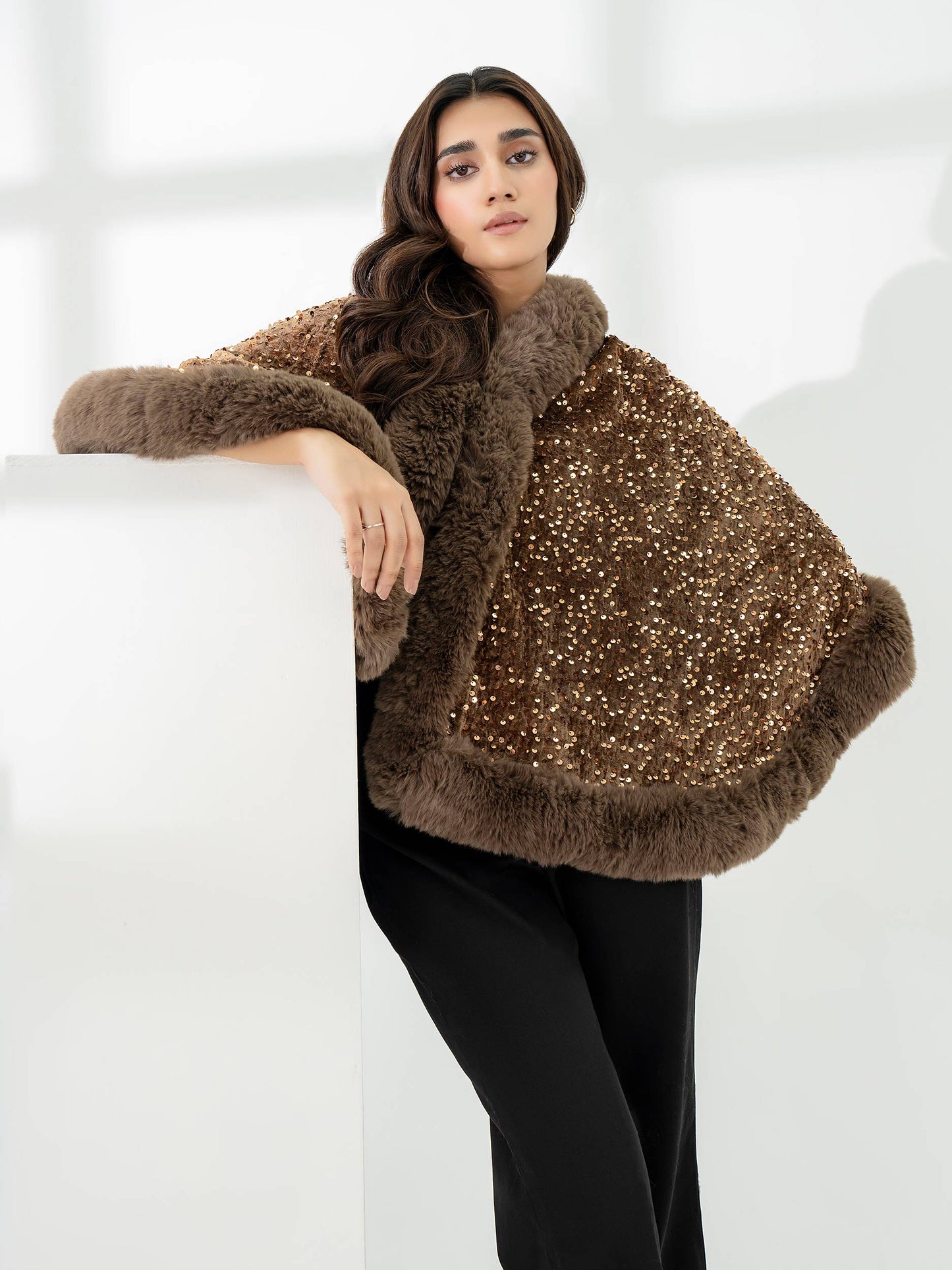 Fur Collar Limelight Cape Shawls Sequin Cape Shawl Gold – Sanaff