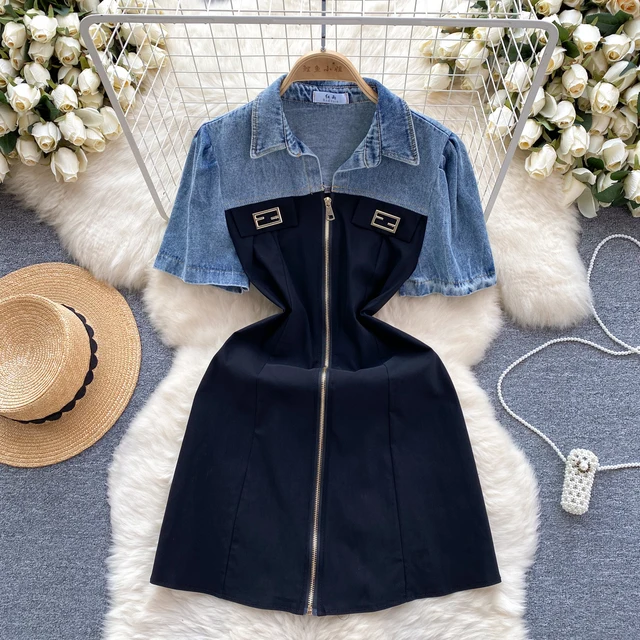 Korean Demy Half Denim Dress Sanaff Korean Demy Half Denim Dress Sanaff