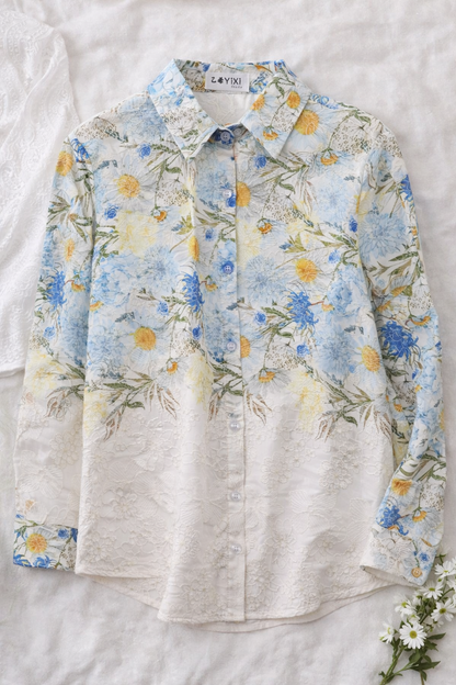 Azure Bloom Embroidered Floral Shirt