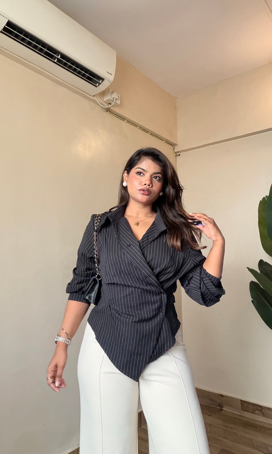 Women's Wrap Belted Pinstripe Shirt
