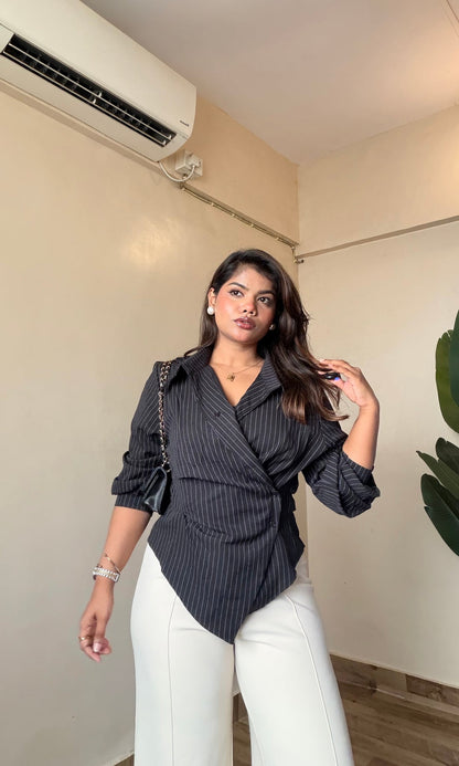 Women's Wrap Belted Pinstripe Shirt