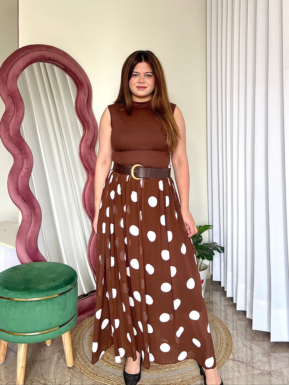 Polka Dot Belted Maxi Dress