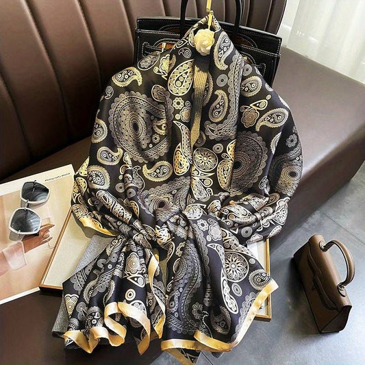 Black & Gold Designer Printed Silk Scarf