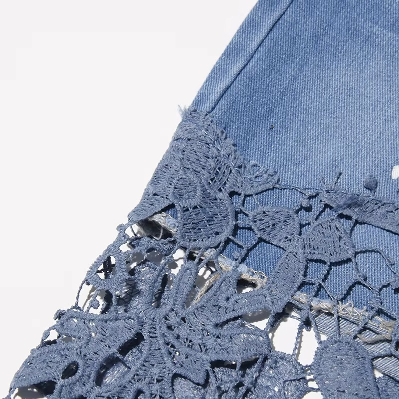 Embroidered Lace Panel Denim Trousers
