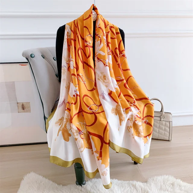 Orange Belt Flowers Printed Silk Scarf