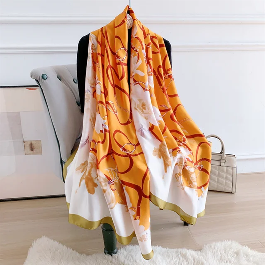 Orange Belt Flowers Printed Silk Scarf