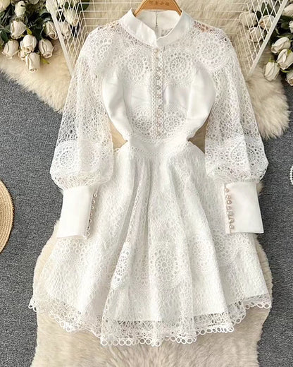 Elegant Lace A - Line Puff Sleeve Dress