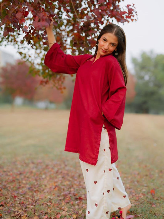 Crimson Charm - Heart Embroidered Co Ord Set