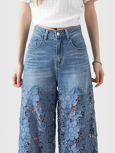 Embroidered Lace Panel Denim Trousers