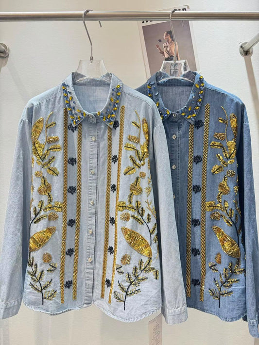 Royal Gold Embroidered Denim Shirt