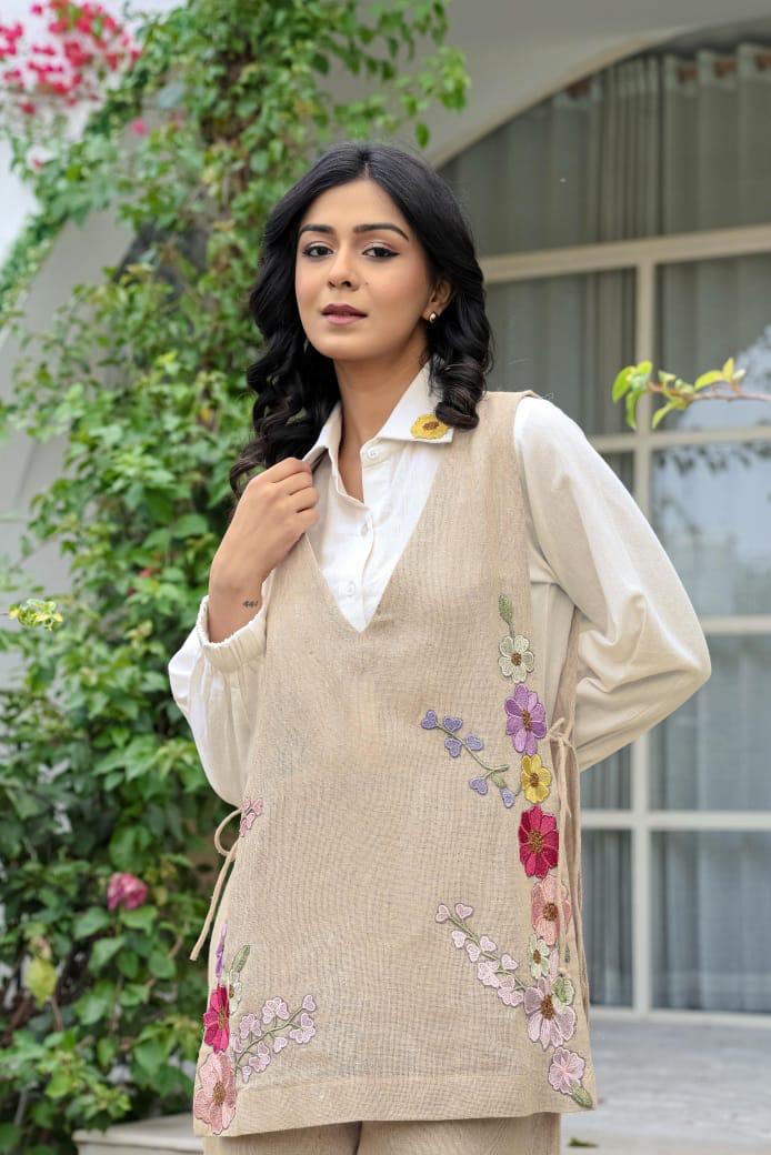 Beige Jute Linen Jacket Co-ord Set
