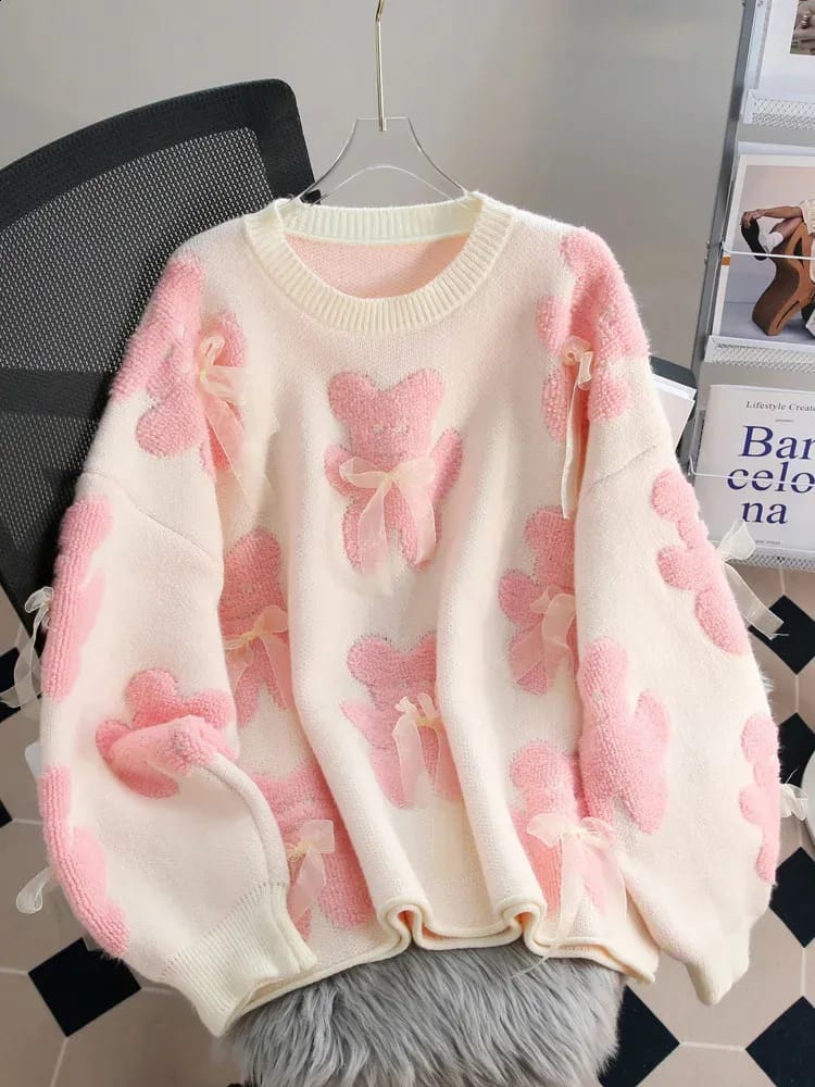 Pink bear and bow knitted sweater