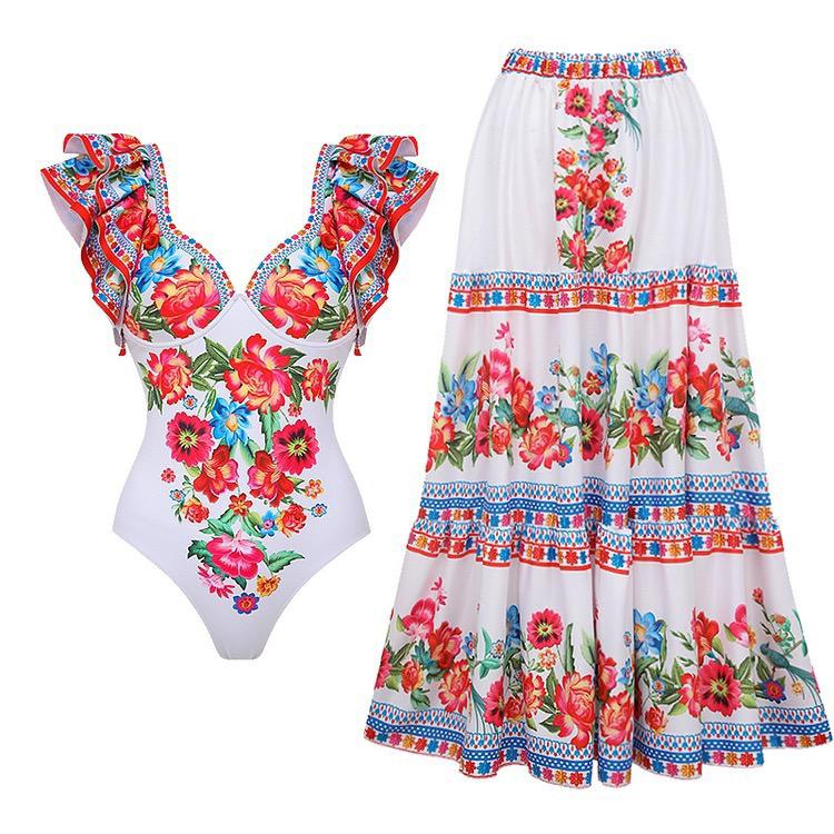 Livia Vintage Floral Swimsuit With Designer Skirt