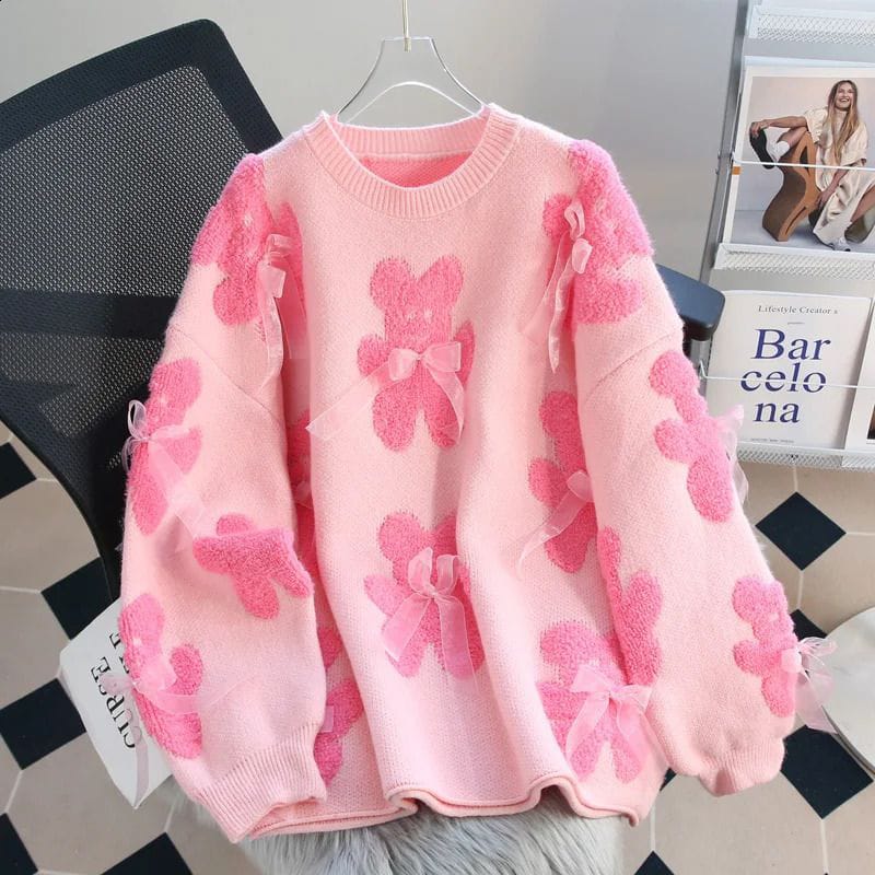 Pink bear and bow knitted sweater