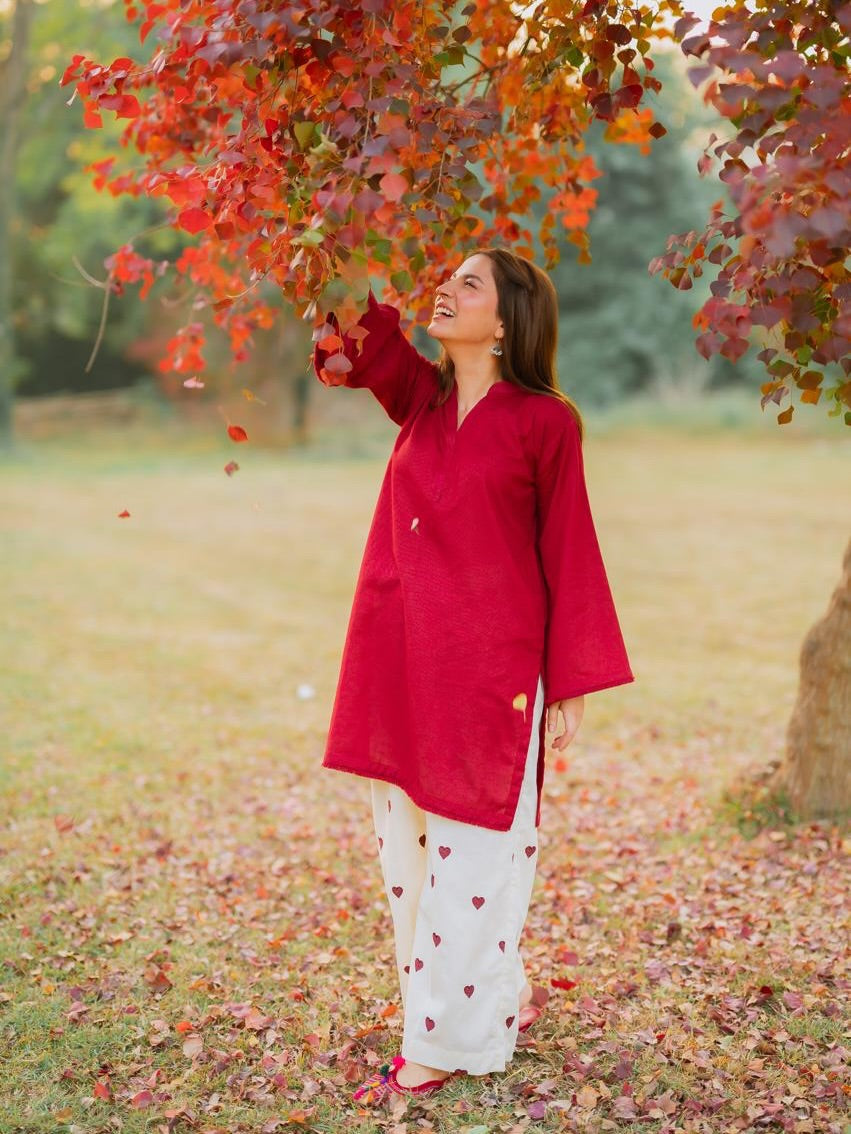 Crimson Charm - Heart Embroidered Co Ord Set