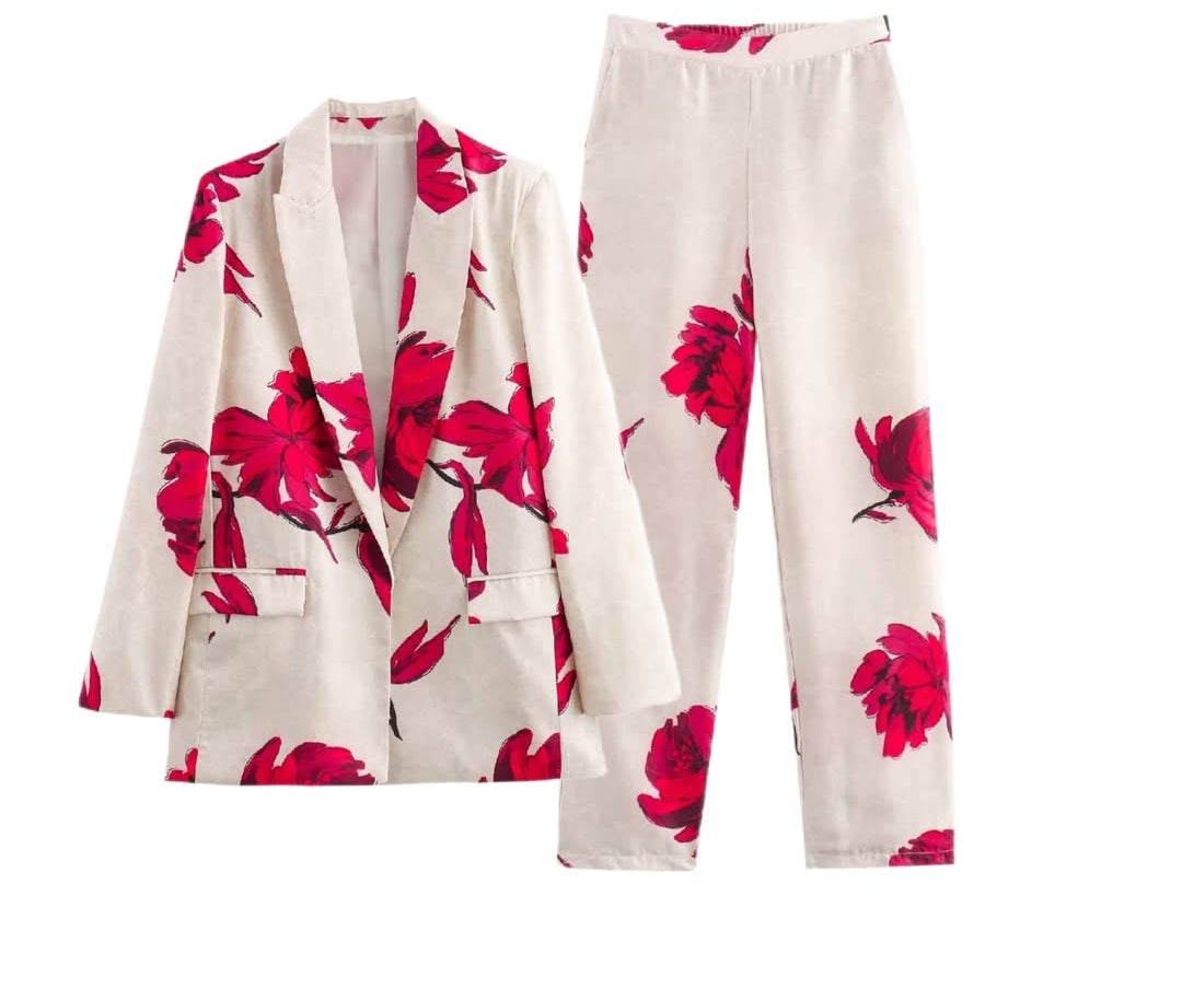 Satin Floral Print Blazer Set