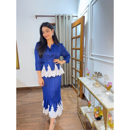 Royal Azure Lace Pleated Dress