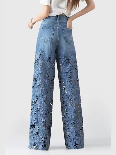 Embroidered Lace Panel Denim Trousers