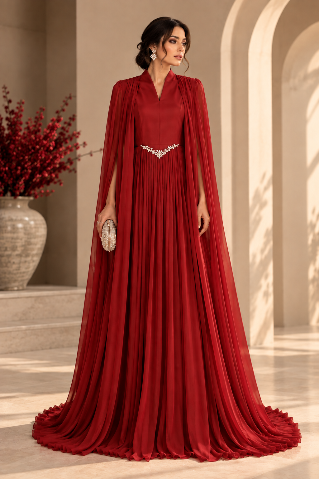 Crimson Royale Cape Gown