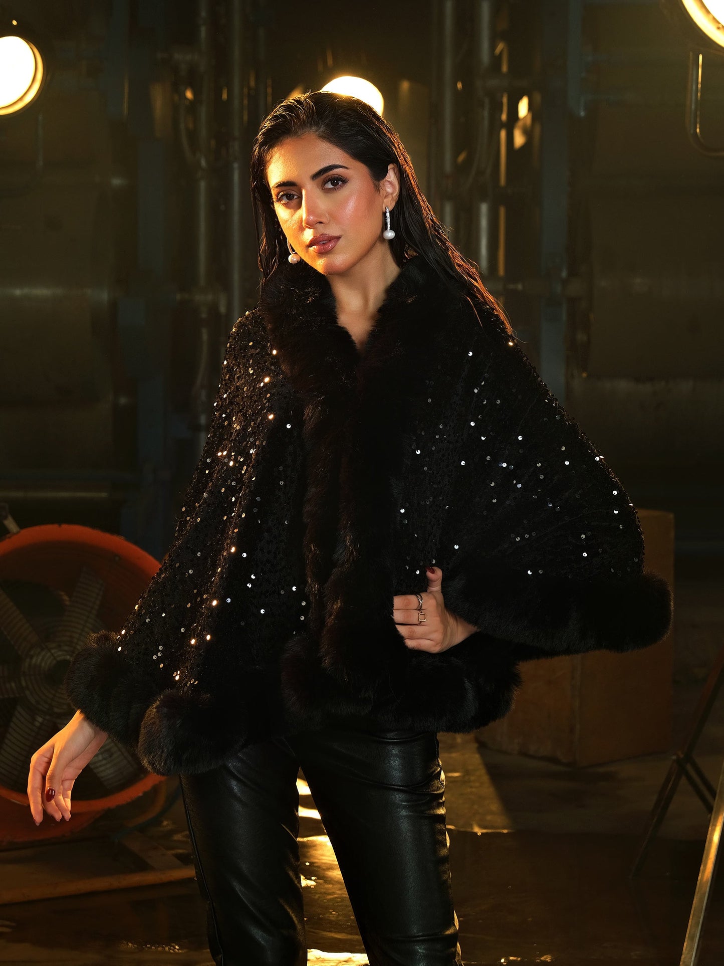 Sequin Cape Shawl - Black