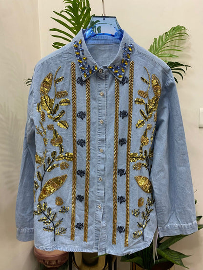 Royal Gold Embroidered Denim Shirt
