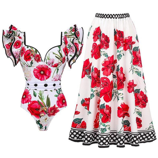 Rose Designer Swimsuit With Skirt