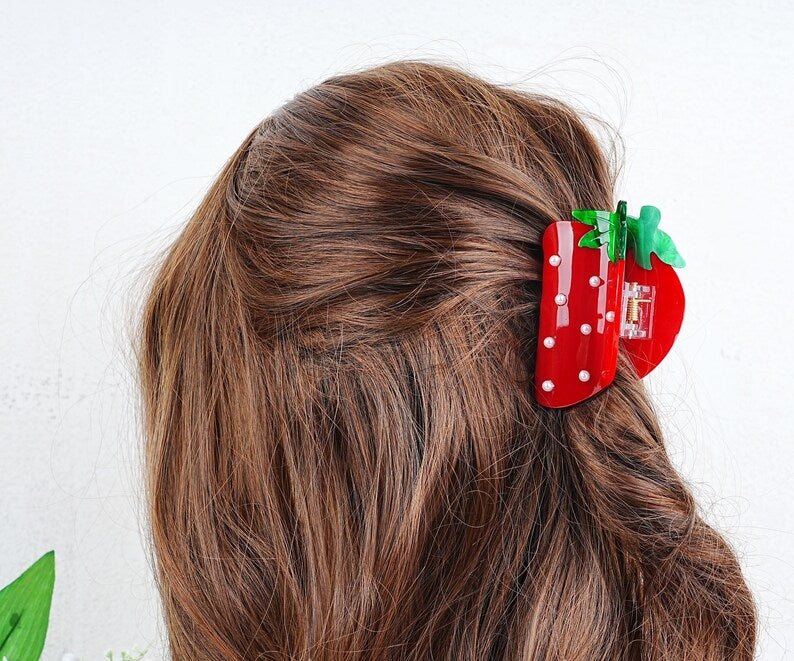 Cute Strawberry Acrylic Hair Claw With Pearl