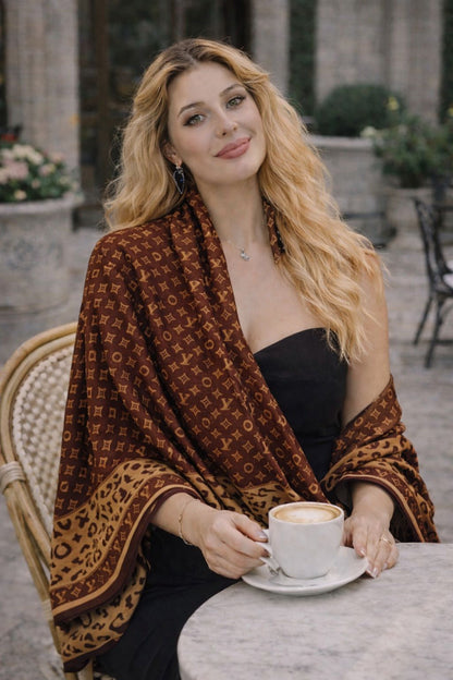 Mocha Luxe Monogram Silk Shawl