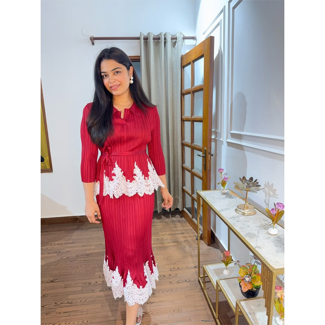 Royal Azure Lace Pleated Dress