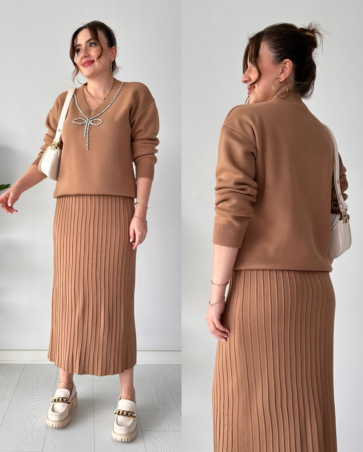Mocha Luxe Pearl Embellished Knit Co ord Set