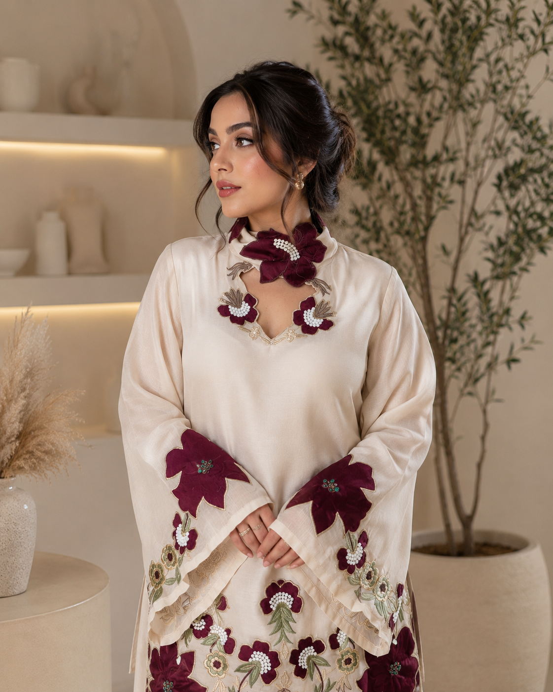 Burgundy Bloom Embroidered Co Ord Set