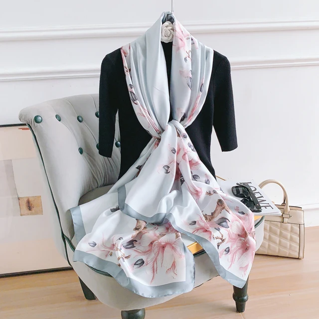 Silver Pink Autumn Printed Silk Scarf