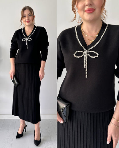 Mocha Luxe Pearl Embellished Knit Co ord Set