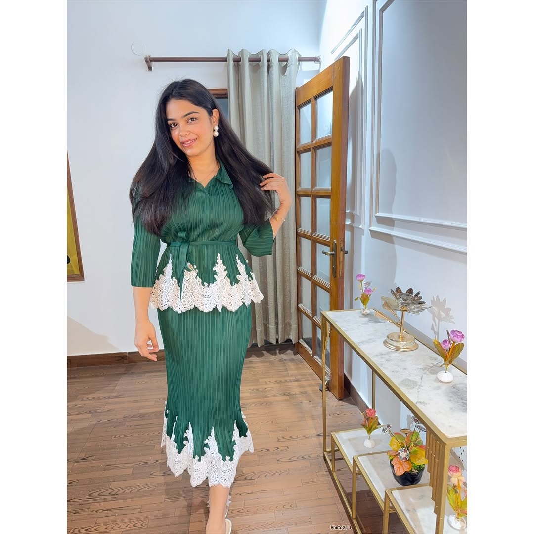 Royal Azure Lace Pleated Dress