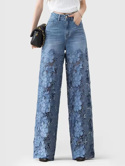 Embroidered Lace Panel Denim Trousers
