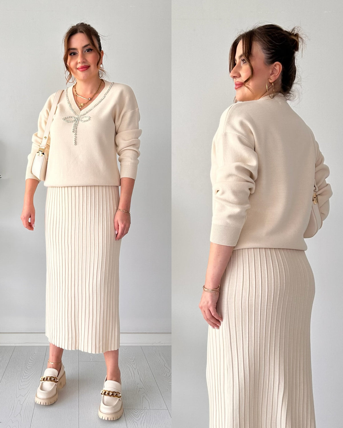Mocha Luxe Pearl Embellished Knit Co ord Set