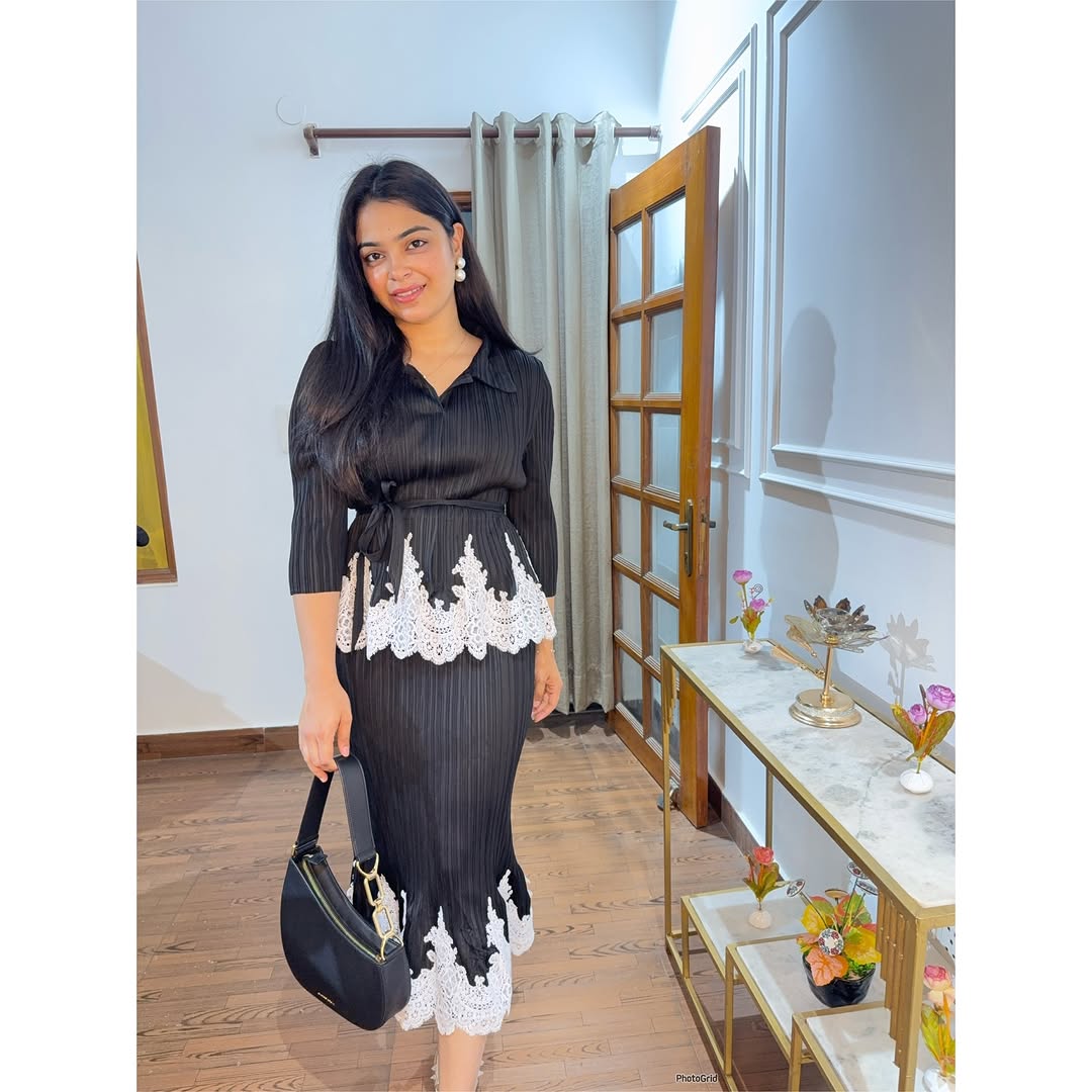 Royal Azure Lace Pleated Dress
